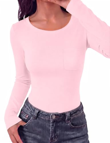 Aottori Tee Shirt Femme Col Rond Poche Haut Manches Longues Extensible Uni | Sensation souple extensible; Manches longues; Col rond avec poche poitrine; Avec jean legging ou pantalon; Bureau