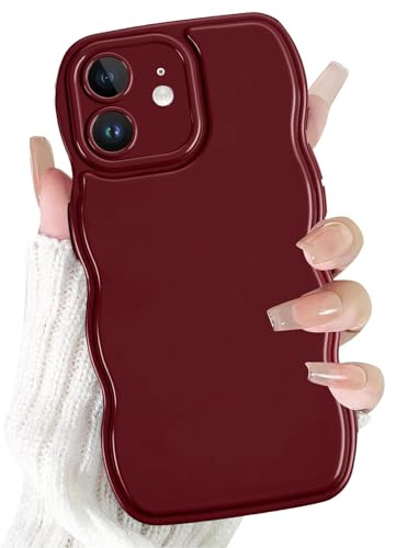 Olgary Coque pour iPhone 11, Bouclé Onde Bouclées Coque de Couleur Unie Simple Cadre, Aesthetic Design Motif Silicone TPU Souple Protection Caméra Antichoc Anti-Rayures pour Femmes, Rosso Vino