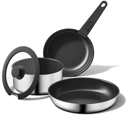 5-Teiliges Antihaft Keramik Pfannenset mit Abnehmbarem Griff, 3-Schichtiger Edelstahl Topf Set-PTFE/PFAS/PFOA frei, Töpfe Induktion, Platzsparendes Kochgeschirr, Backofen & Spülmaschinenfest