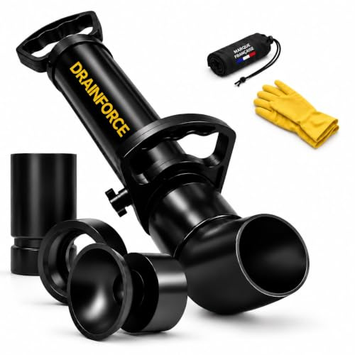 DRAINFORCE Déboucheur Canalisation Professionnel à Pompe Haute Pression – Ventouse Déboucheur pour WC, Évier et Douche – Sans Produits Chimiques – 3 Embouts, Gants et Sac de Rangement