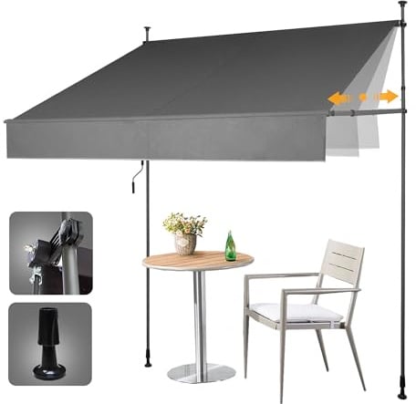 HOMEDEMO Tenda da Sole a Morsetto con manovella, tende per esterno senza foratura, Altezza e Bracci Regolabile, Impermeabile e Anti-UV, per Balcone e Terrazzo, 250cm x (120-150) cm Grigio