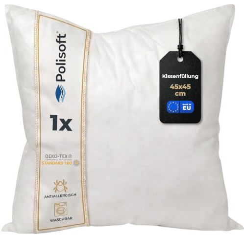 Polisoft Kissenfüllung 45x45 cm Weiß - Oeko-Tex Innenkissen | waschbar bei 90°C, für Allergiker, extra weich (350g), Sofakissen, Zierkissen, Kopfkissen, Dekokissen, formstabil