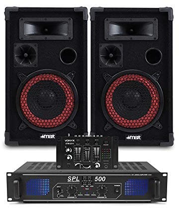 Max Red 8 Passive DJ Speakers Pair with SPL500 Amplifier, Mixer & Cable Bundle - Complete Professional PA System Set for Parties, Events, DJ Gigs & Live Music