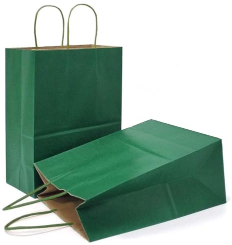 AZOWA Geschenktüten Klein-Kraftpapiertüten mit Henkel,Party Geschenk Papiertüten (15 x 21 x 8 cm, Dunkelgrün, 25 Stück)