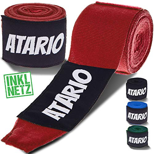 𝐀𝐓𝐀𝐑𝐈𝐎® Boxbandagen mit Transportnetz [3m/4,5m] – Bandagen Boxen mit Daumenschlaufe – Box Bandagen Männer & Frauen halbelastisch zum Boxen, Kickboxen, Muay Thai & MMA (Rot, 3m)