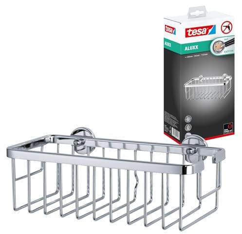 tesa ALUXX Duschkorb, Aluminium, verchromt, garantiert rostfrei, inkl. Klebelösung, tiefer Boden, 125 mm x 250 mm x 92 mm