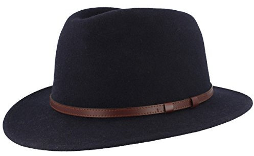 Breiter Outdoor Filz-Hut Trekking-Hut Wollhut aus 100% Wolle – Wasserabweisend & Faltbar – Hut mit Ledergarnitur - Marine-Blau