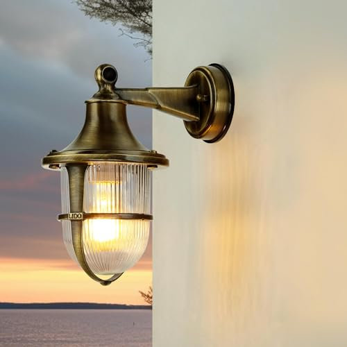 Licht-Erlebnisse Außenlampe Wand aus Echt-Messing antik wertig EU-Produkt IP64 E27 H:27cm rostfrei Schiffslampe Wandlampe Außenleuchte Wandleuchte maritim Hof Garten