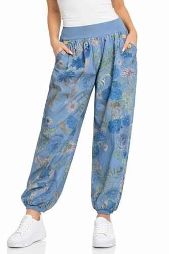 Mississhop 277 Damen leichte Blumenprint Hose Sommerhose Haremshose Ballonhose Blumen Pumphose Aladinhose Sommer Baggy Pants Hellblau