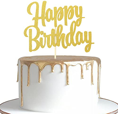 Tortenaufsatz Happy Birthday, goldfarbener Glitzer, für Dessert-Displays | Goldfarbener Glitzer-Karton, Happy Birthday-Buchstabe, Dessert-Tischakzent, Geburtstagsparty-Kuchendekorationszubehör
