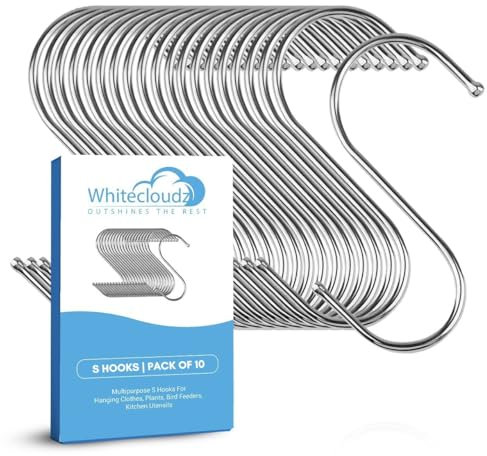 WHITECLOUDZ 10-Pack Silver Heavy Duty S Hooks for Hanging, Durable Wall Hooks, Stainless Steel for Clothes, Kitchen Utensils, Ceiling Plants (8.4cm)