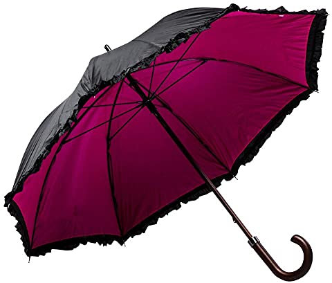 LUCKYWEATHER Regenschirm Stockschirm Damen Rüschenschirm schwarz/pink Holzstock Double Layer I Stockregenschirm groß und stabil sowie hochwertig verarbeitet I Regenschirme mit UV-Schutz