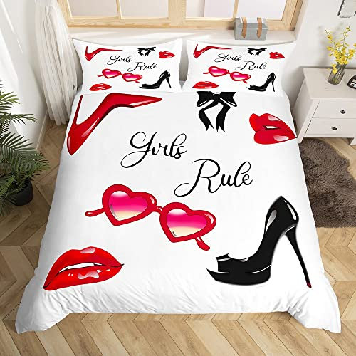 Homemissing Couple Housse de Couette Love Funny Quote Parure de Lit 220x240cm Maquillage Décor Rouge Noir Talons Hauts Sexy Lip Parure Housse de Couette Mode Romantique Mariage Thème 3Pcs