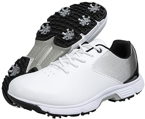 Mens Golf Shoes with Spiked Leather Wide Fitting Waterproof Sneakers Big Size,White,13 UK