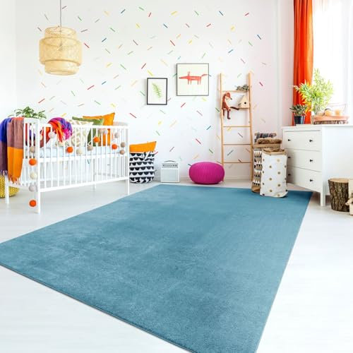 TT Home Tapis De Jeu Chambre Enfant Garcon Fille Lavable Modern Pastel Unis, Couleur: Turquoise, Dimension:120 cm Rond