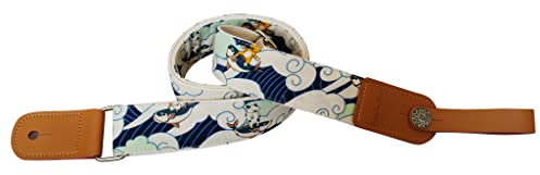 MUSIC FIRST Ukulelengurt im Vintage-Stil, Ukiyoe-Stil, Surfen, Katze, weiches Musselin und echtes Leder, Ukulelen-Schultergurt mit einem Echtlederriemen-Schließfach