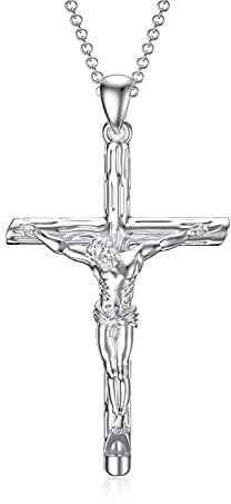 enjoylifecreative Sterling Silber Jesus Christus Kruzifix Großes Kreuz Religiöse Anhänger Halskette, Jesus Kreuz Schmuck, Antik Finish Kreuz Halsketten für Männer Pfeifenform