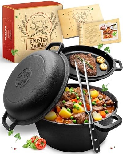 KRUSTENZAUBER Gusseisen Topf [inkl. Fleischgabel] - Robuster 26cm Gusseisen Bräter mit Deckel Backofengeeignet - Ideal als Schmortopf Induktion, Dutch Oven Set, Kazan, Cast Iron Pot, Kochtopf