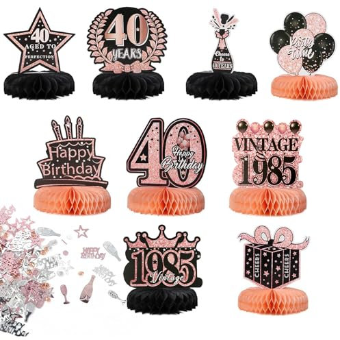 40. Geburtstag Tischdeko Damen Schwarz Rosegold 9 Stk Bienenwaben Mittelstück Tischaufsätze und 15g Streudeko Konfetti Tischaufsteller Tischdekoration zum 40. Geburtstag/Jubiläum/Jahrestag usw.
