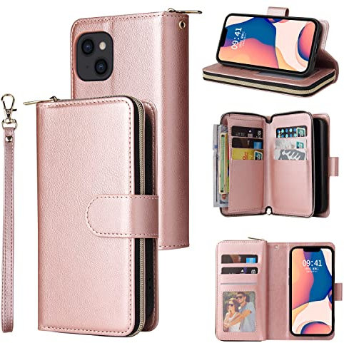 For iPhone 15 Case 9 Card Holder Zipper Bag with Strap Shockproof Leather Flip Wallet Handbag Zip Pocket Phone Cover Stand Folio Magnetic Purse for iPhone 15 Rose Gold