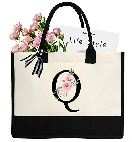 sundee Personalisierte Strandtasche aus Segeltuch mit Innentasche mit Reißverschluss, monogrammierte Geschenktasche für Hochzeit, Geburtstag, Urlaub, Schwarzer Buchstabe Q, One Size