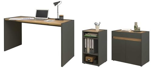 Furn.Design Büromöbel Set in grau matt und Eiche Wotan Holz mit Schreibtisch, Kommode, Regal modern für Homeoffice und Büro Schreibtisch mit Stauraum Center (Set 3)