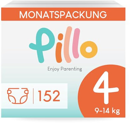 Pillo Windeln 4 - Karton mit 152 Windeln, 4 Packungen mit 38 Windeln Größe 4 - Maxi (9-14 kg) - Windel Baby Diapers