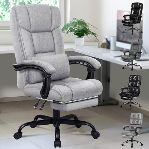 ELFORDSON Office Chair with XL Lumbar Cushion, Computer Desk Chair with Footrest, High Back 150° Recliner Tilting Function Fabric Linen, Grey