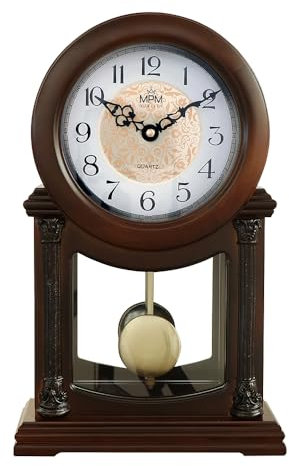 MPM Quality Retro Luxury Wood Tischuhr mit Pendel, Dunkles Holz, Traditionelle und Elegante Holztischuhr, Präziser Quarz-Schrittmotor, schöne Tisch Dekoration für Wohnzimmer, Küche oder Büro