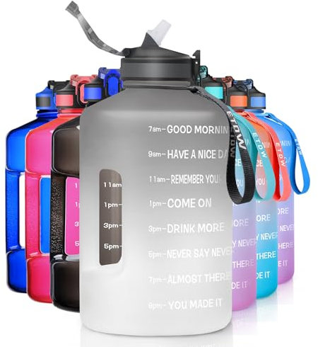 ETDW 3,78 Liter Trinkflasche mit Strohhalm und Zeitmarkierung, 3,78L Sport Trinkflasche mit Griff, BPA-frei, auslaufsicher, großer Wasserbehälter für Fitness, Fitnessstudio, Yoga und Outdoor
