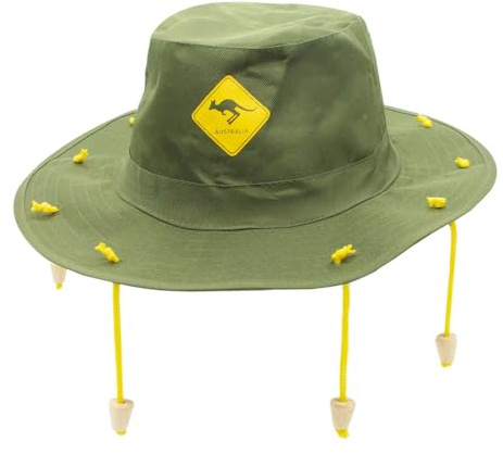 Australien Korkhut - 3er Pack - Grüner Hut mit gelbem Känguru-Abzeichen und hängenden Korken - Australien Kostüm Zubehör Australien Day Accessoire