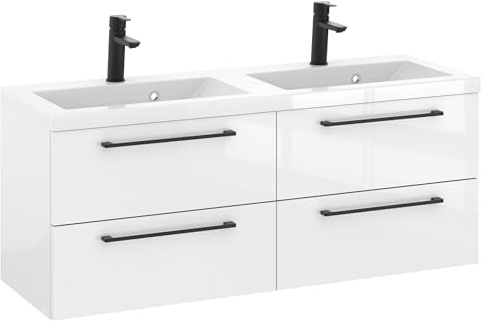 Furni Rosen 120 cm Hängend Doppelt Badezimmerschrank mit 2 Waschbecken und Stilvollen Schwarzen Griffen Waschbeckenunterschrank Badezimmer Waschtisch mit Unterschrank Waschtischunterschrank