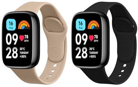kwmobile Straps Compatible with Xiaomi Redmi Watch 3 Active Straps - 2x Replacement Silicone Watch Bands - Smartwatch or Fitness Tracker - Black/Beige