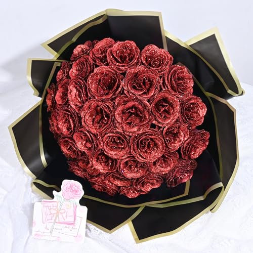 Waipfaru Bouquet di rose glitterate, bouquet di fiori finti glitterati fai da te, bouquet di rose rosse artificiali eterne, lucide, anniversari, fidanzamenti, matrimoni, 24 rose