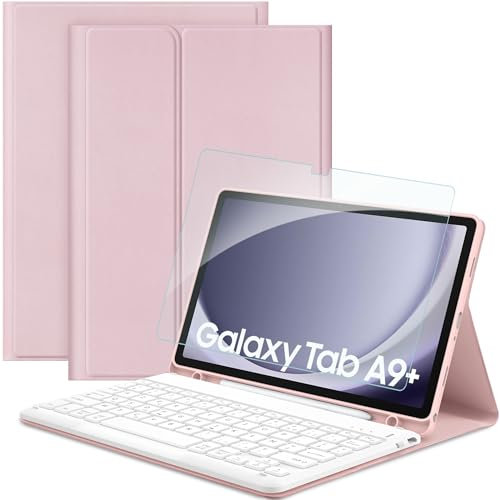 EasyAcc Étui Clavier Compatible avec Samsung Galaxy Tab A9+ 11 Pouces avec Film de Protection, [Français], Étui de Protection pour Clavier Amovible avec Porte-Stylo, Rose