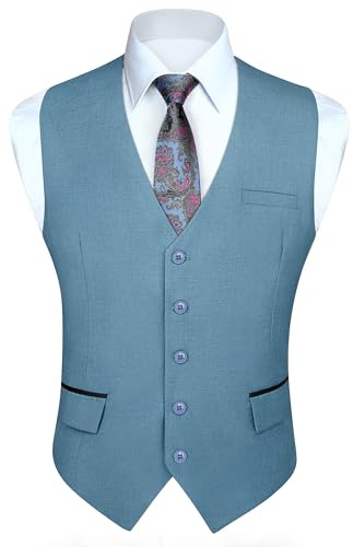 HISDERN Gilet Costume Homme Bleu Gilets sans Manche Mariage Business Gilet Classique Couleur unie avec Poches XL