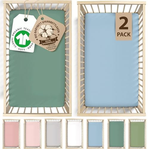 Bunnyjik Spannbettlaken 60x120 Baby – GOTS Zertifiziert Bio-Baumwolle, Luftig & Kühlend – 190GSM Bio-Baumwolle Bettlaken Kinderbett 60x120 – Babybett Spannbettlaken(2er Set) Interlock aus gekämmter