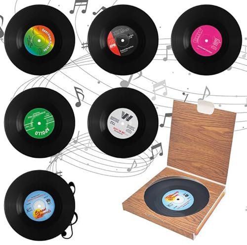 Rseuphiee 6 Stück Vinyl Schallplatten Untersetzer, Rund Glasuntersetzer, rutschfest Isoliert Tasse Matte, Retro Coffee Untersetze, für Dekoration von Bars Cafés Dessertläden Haus Party Büro
