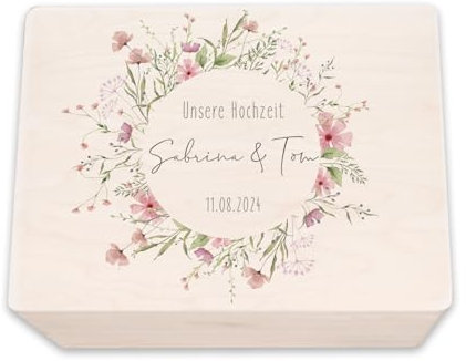 hellomini Personalisierte Erinnerungskiste aus Holz - Geschenk zur Hochzeit | Individuell mit Namen & Datum - Hochzeitsgeschenk/Hochzeitskiste (Blumenkreis, S: 30x20x14cm)