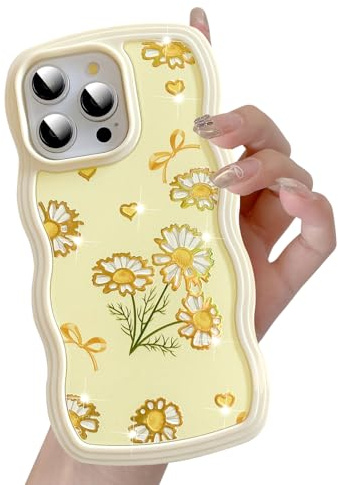 UEEBAI for iPhone 12 Case & iPhone 12 Pro Case 6.1″, Floral Wave Frame Cute Curly Flower Case with Aesthetic Pattern, TPU Slim Bumper Shockproof Protective Cover for Women Girls - Yellow Daisy