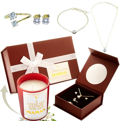 cadeau fete des meres - cadeau maman - anniversaire maman : boîte avec miroir + OR 14Carats un ensemble de 4 bijoux + bougie parfumée artisanale