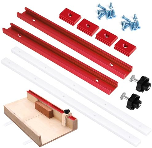 26Pcs Table Saw Crosscut Sled Kit, Table Saw Sled Set with 2 Aluminum T-Track, 2 UHMW Miter Bars, Knob and Bolt, Screws for DIY Woodworking (Red)