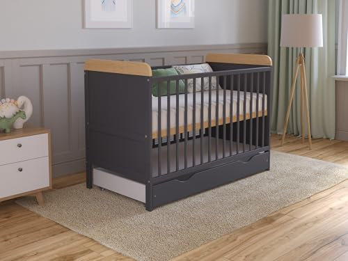 Love For Sleep Cuna Convertible en Cama 120x60 cm - con Cajón & Colchón - Cuna Madera Antracita-Pino, Juego Completo de Cuna - Cuna Cama Bebe Convertible