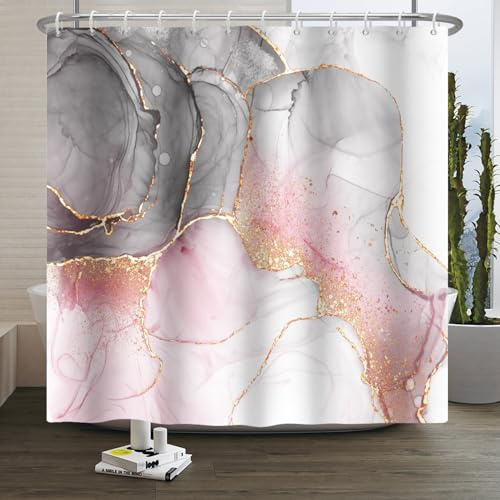 Xiaoterna Tenda da doccia in marmo grigio rosa Tenda da bagno impermeabile alla polvere d'oro Lusso astratto colorato rosa punti d'oro Macchina lavabile Marmo Tenda da doccia 120x200cm
