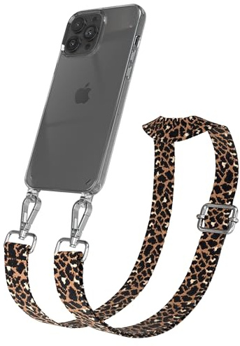 EAZY CASE Handykette - Verstellbares Taschenband kompatibel mit iPhone 13 Pro Max, Schulterriemen, Handykordel mit Silikon Hülle, Umhängetasche, Leo - Schwarz Braun Silber