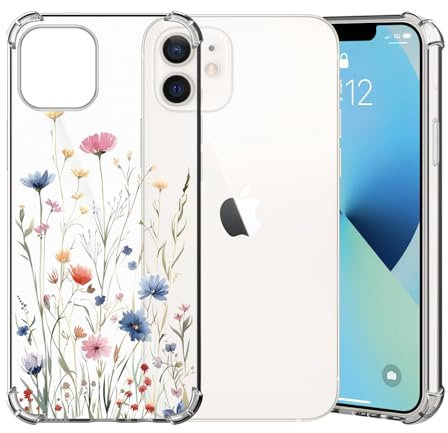 ChoosEU Clear Case for iPhone 12/12 Pro Floral Pattern Print Design for Women Slim Silicone Phone Case Protective Cover with Shockproof Airbag Soft TPU Flower Transparent Phone Cover - Blue Pink