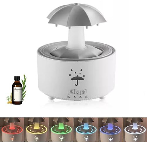 POVVFRTY Umbrella Humidifier Waterfall 7-Color Led Rotating Aromatherapy Diffuser(White)