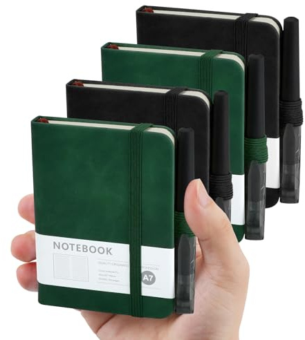 MAIJIAJU 4Stück A7 Mini Notizbuch, PU Leder Hardcover Mit Stiften | 200 Seiten Hochwertiges 80 GSM Liniertes Papier, Taschenformat Tragbar Ideal Für Büro, Schule Und Tägliche Notizen