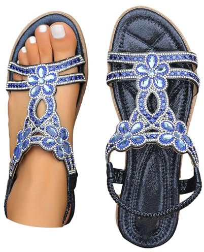 Sandali Donna Estive Eleganti Piatto Comodi Sandali con Strass Zeppa Bassi Moda Boho Sandalo Argento Gioiello Cerimonia Scarpe Estivi Aperta Ortopedici Spiaggia Mare Antiscivolo Gomma Suole 2025