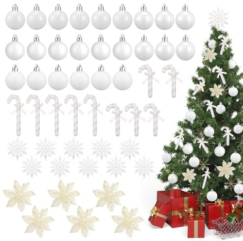 Harrycle 50 Pcs White Christmas Tree Decorations Christmas Baubles Small Ball Ornaments Artificial Glitter Snowflake Decorative Poinsettia Flowers Candy Cane for Xmas Tree Topper Outdoor Home